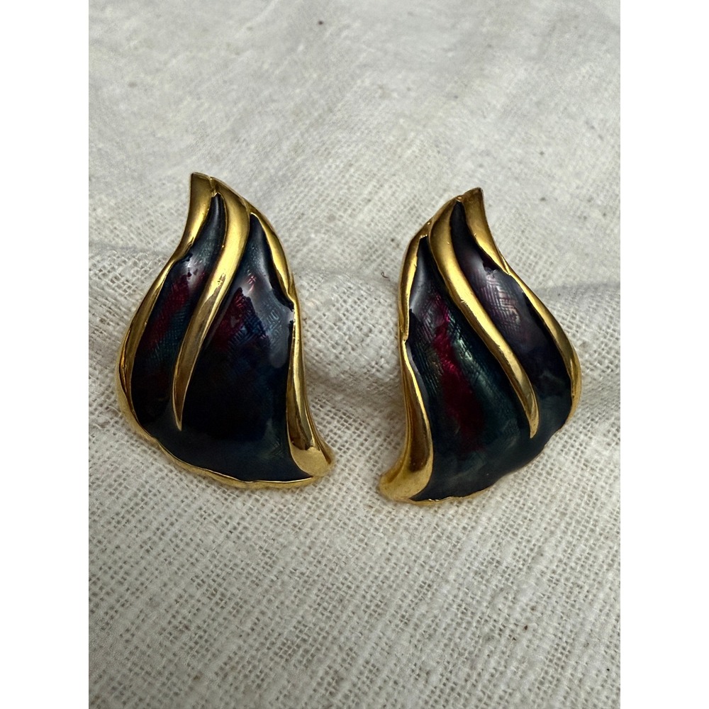 Dark Multicolor Gold Tone Flame Stud Earrings Sculptural Enamel